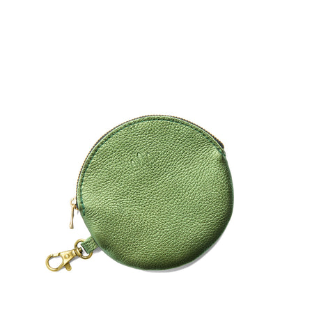Metallic Greench | Leather flat round keychain pouch