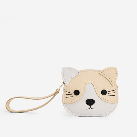 Pearl | A small cat-shaped leather pouch with embroidered facial details and a wrist strap.