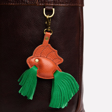 Jolly Green | Leather betta fish shaped keychain with tassel fins and metal lobster clasp