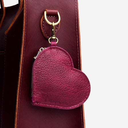 Orchid | Heart-shaped leather pouch keychain with zipper top and lobster clasp