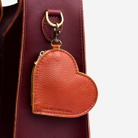 Sienna | Heart-shaped leather pouch keychain with zipper top and lobster clasp