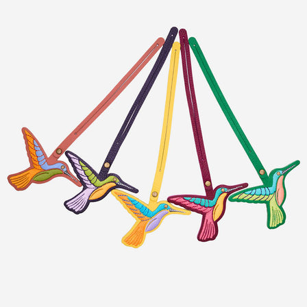 Canary | Multi-colored hummingbird embroidered on a leather tassel