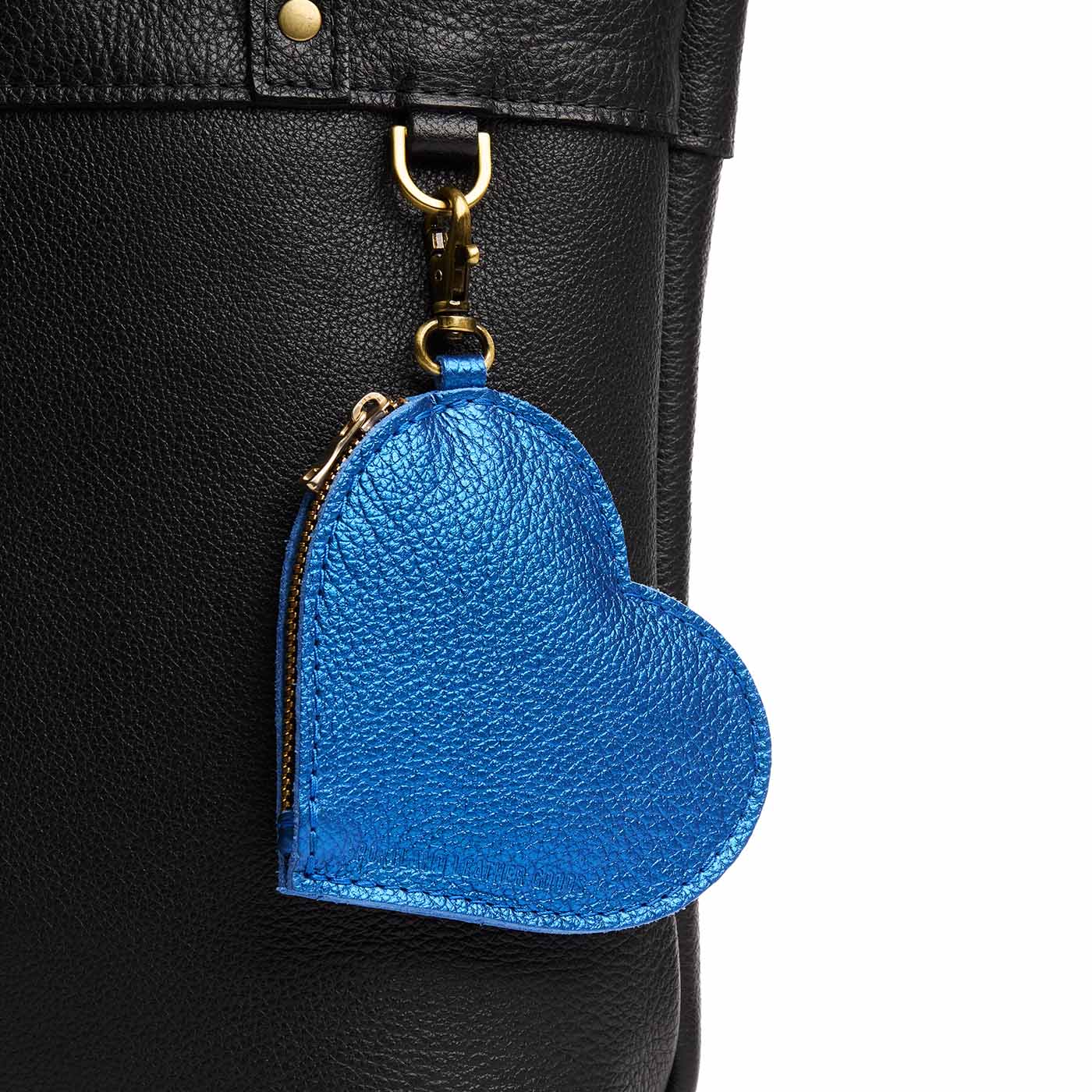 Comet Blue | Heart-shaped leather pouch keychain with zipper top and lobster clasp