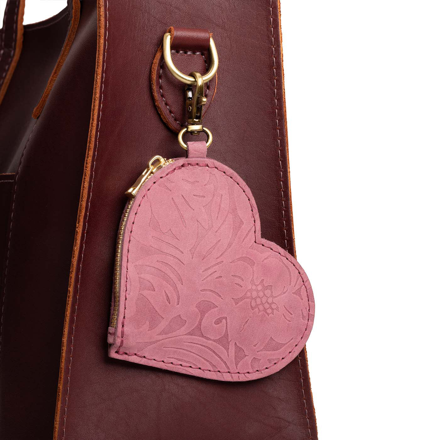 Hollyhock | Heart-shaped leather pouch keychain with zipper top and lobster clasp