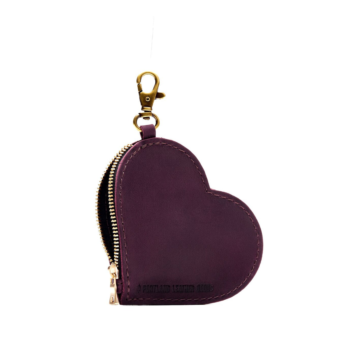 Larkspur | Heart-shaped leather pouch keychain with zipper top and lobster clasp