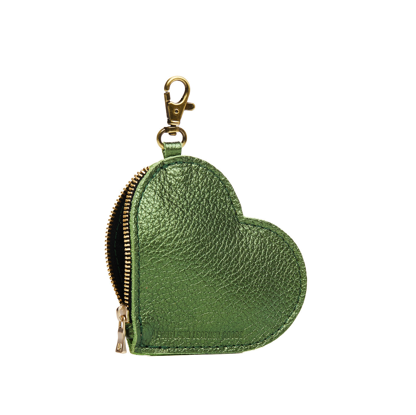 Metallic Greench | Heart-shaped leather pouch keychain with zipper top and lobster clasp