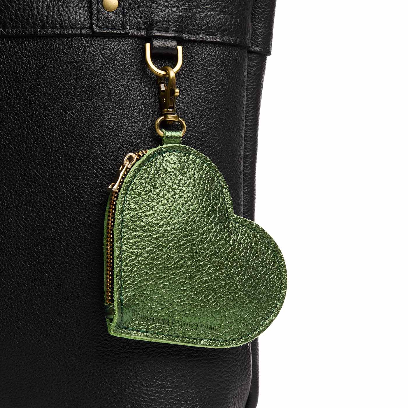 Metallic Greench | Heart-shaped leather pouch keychain with zipper top and lobster clasp
