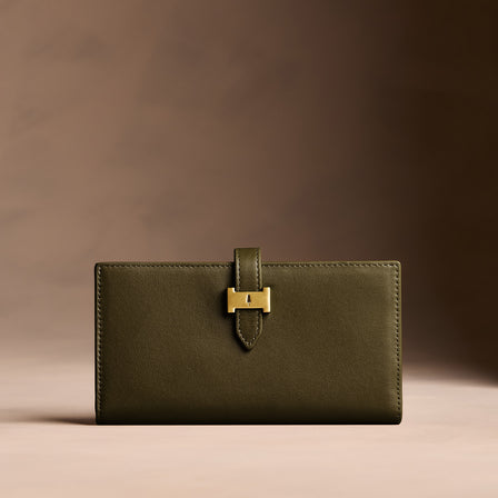 Bay Green*Extra Large | Leather bifold wallet with a strap and bar closure