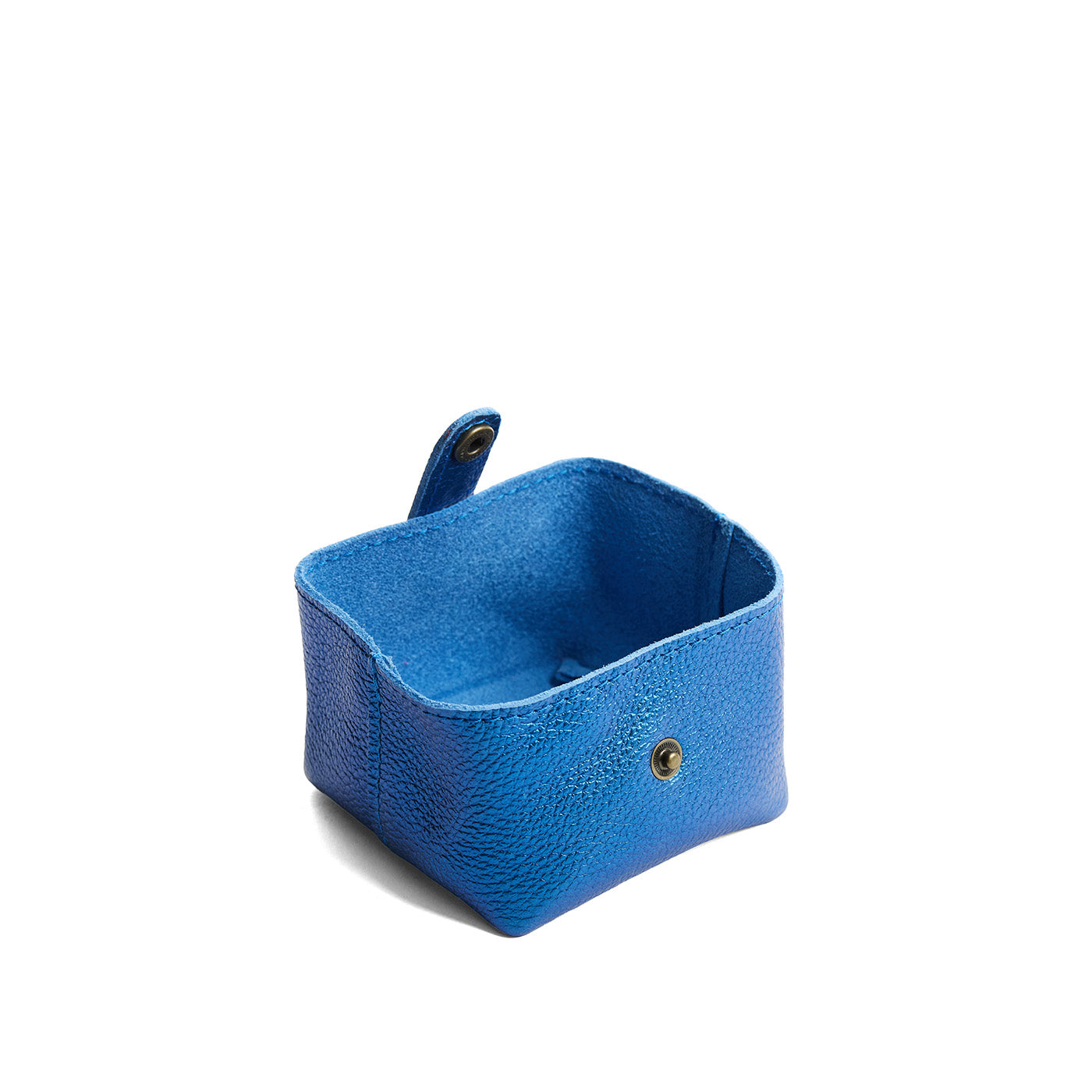 Comet Blue | Foldable square leather pouch with snap closure open