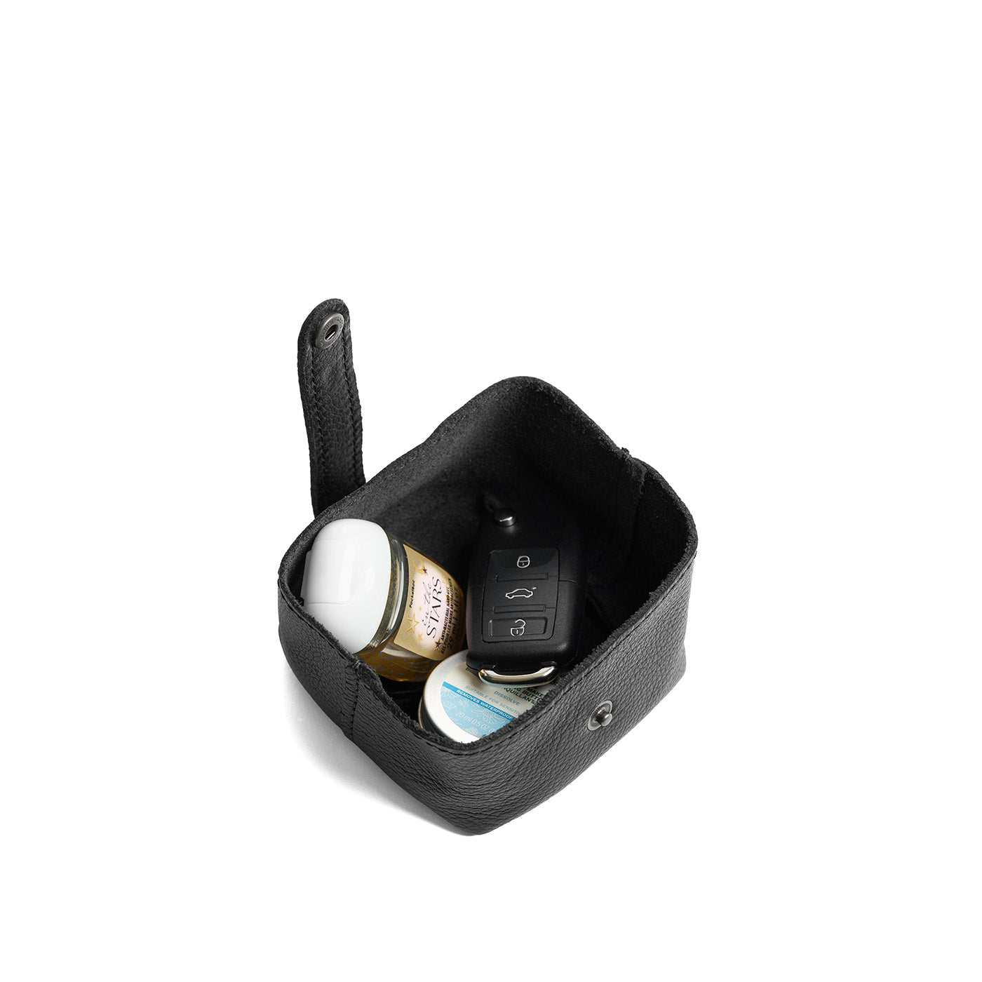 Pebbled--black | Foldable square leather pouch with snap closure open