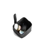 Pebbled--black | Foldable square leather pouch with snap closure open