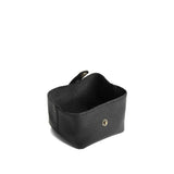 Pebbled--black | Foldable square leather pouch with snap closure open