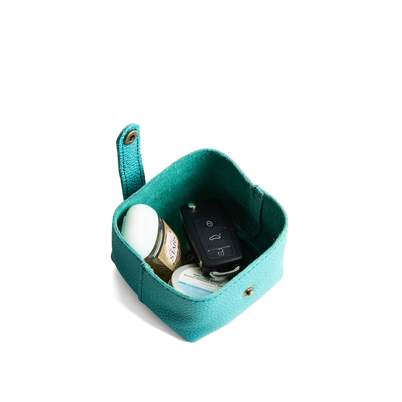 Seafoam | Foldable square leather pouch with snap closure open