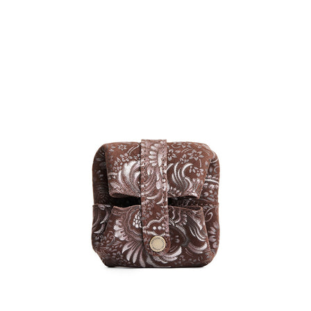 Sepia | Foldable square leather pouch with snap closure open