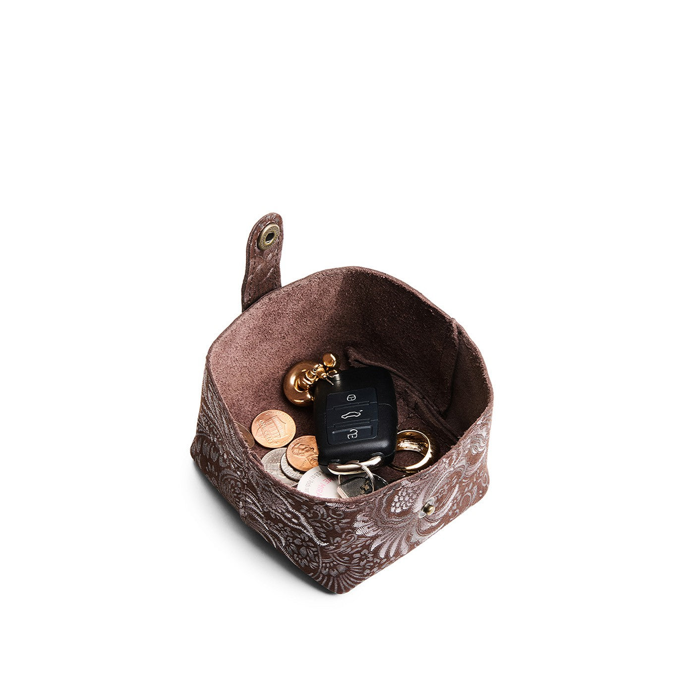 Sepia | Foldable square leather pouch with snap closure open