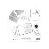 Back of coloring book featuring black and white illustration of art supplies, a purse, and a coffee cup on a white background with 'Portland Leather Goods' branding.