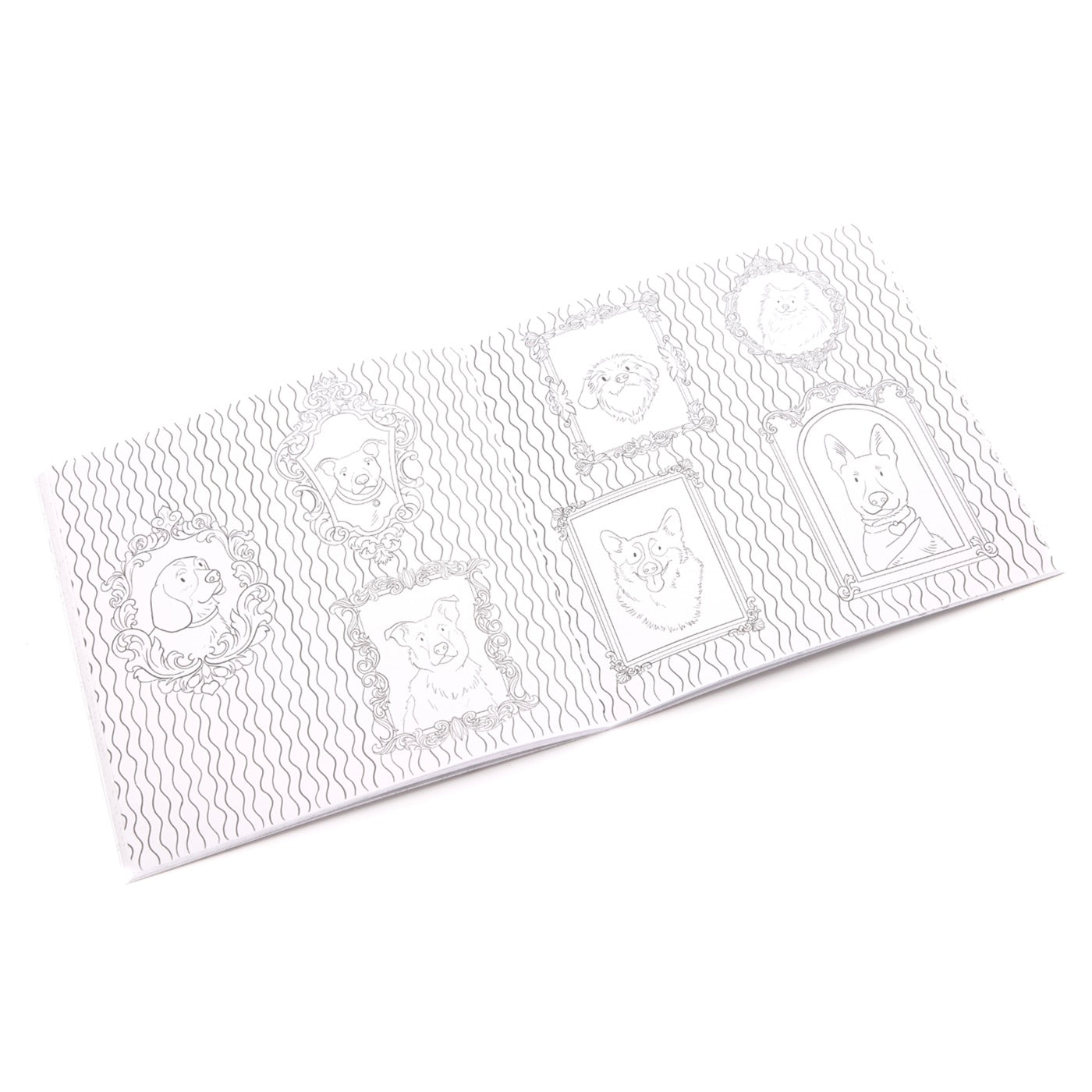 Coloring book pages with dog-themed designs on a white background.