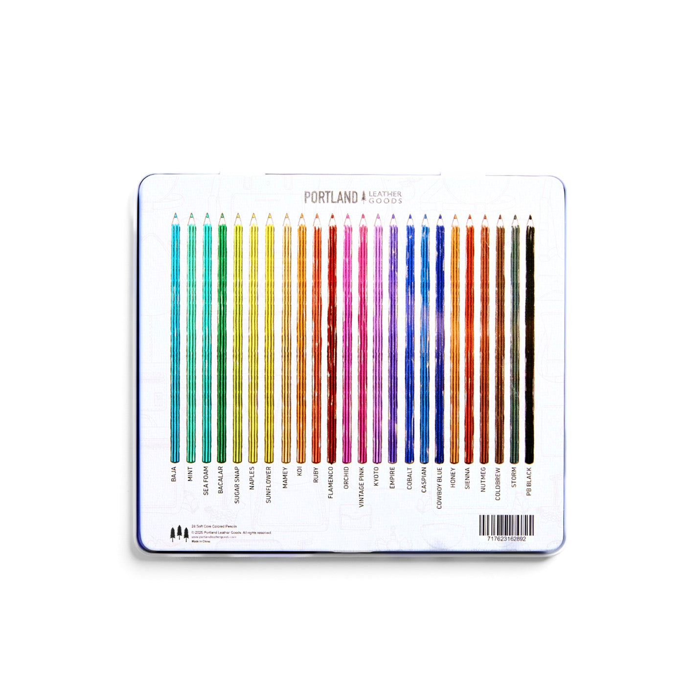 Back of colored pencils set showing colored pencils and their color names on a white background.