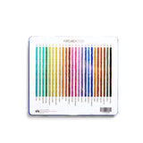 Back of colored pencils set showing colored pencils and their color names on a white background.