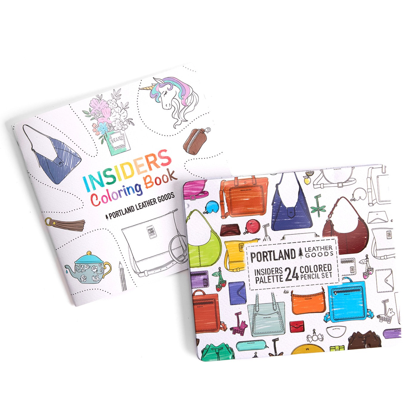 Coloring book and container of colored pencils with illustrations of bags and other items on a white background.