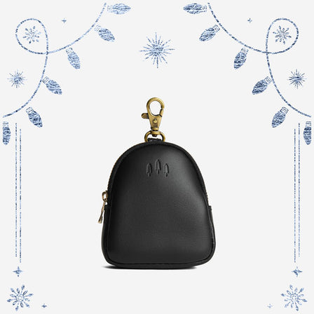 Black | Leather keychain pouch with zipper top, swivel lobster clasp, and debossed emblem of three PLG trees