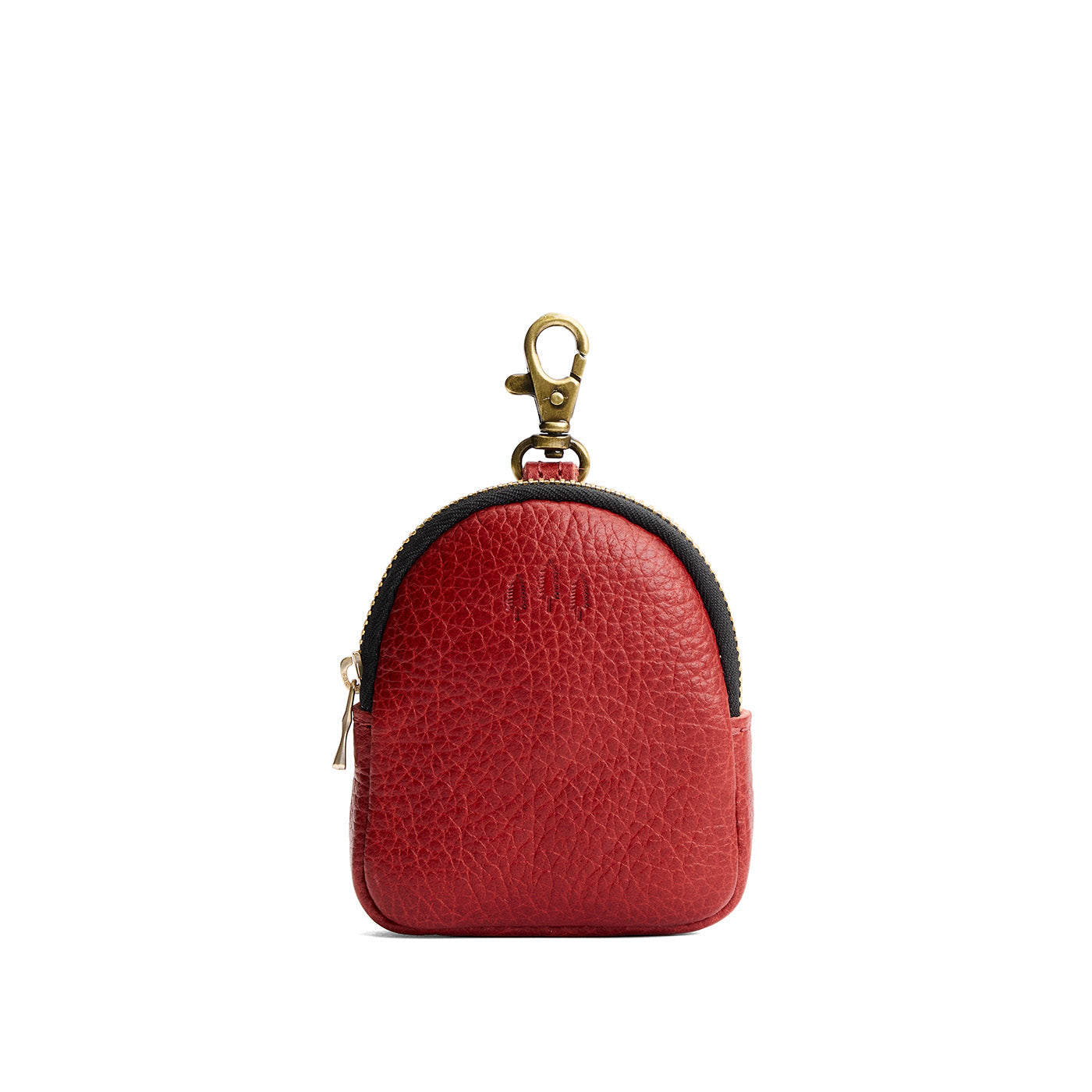 Chili Red | Leather keychain pouch with zipper top, swivel lobster clasp, and debossed emblem of three PLG trees