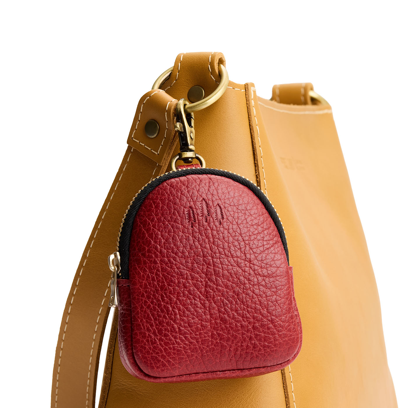 Chili Red | Leather keychain pouch with zipper top, swivel lobster clasp, and debossed emblem of three PLG trees