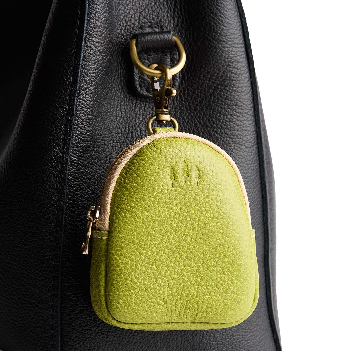 Wasabi | Leather keychain pouch with zipper top, swivel lobster clasp, and debossed emblem of three PLG trees
