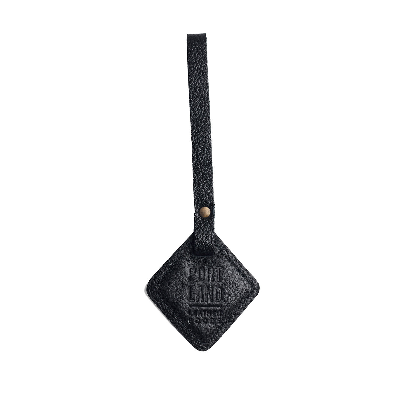 Pebbled--black | Rhombus-shaped leather tag with a strap and debossed PLG design