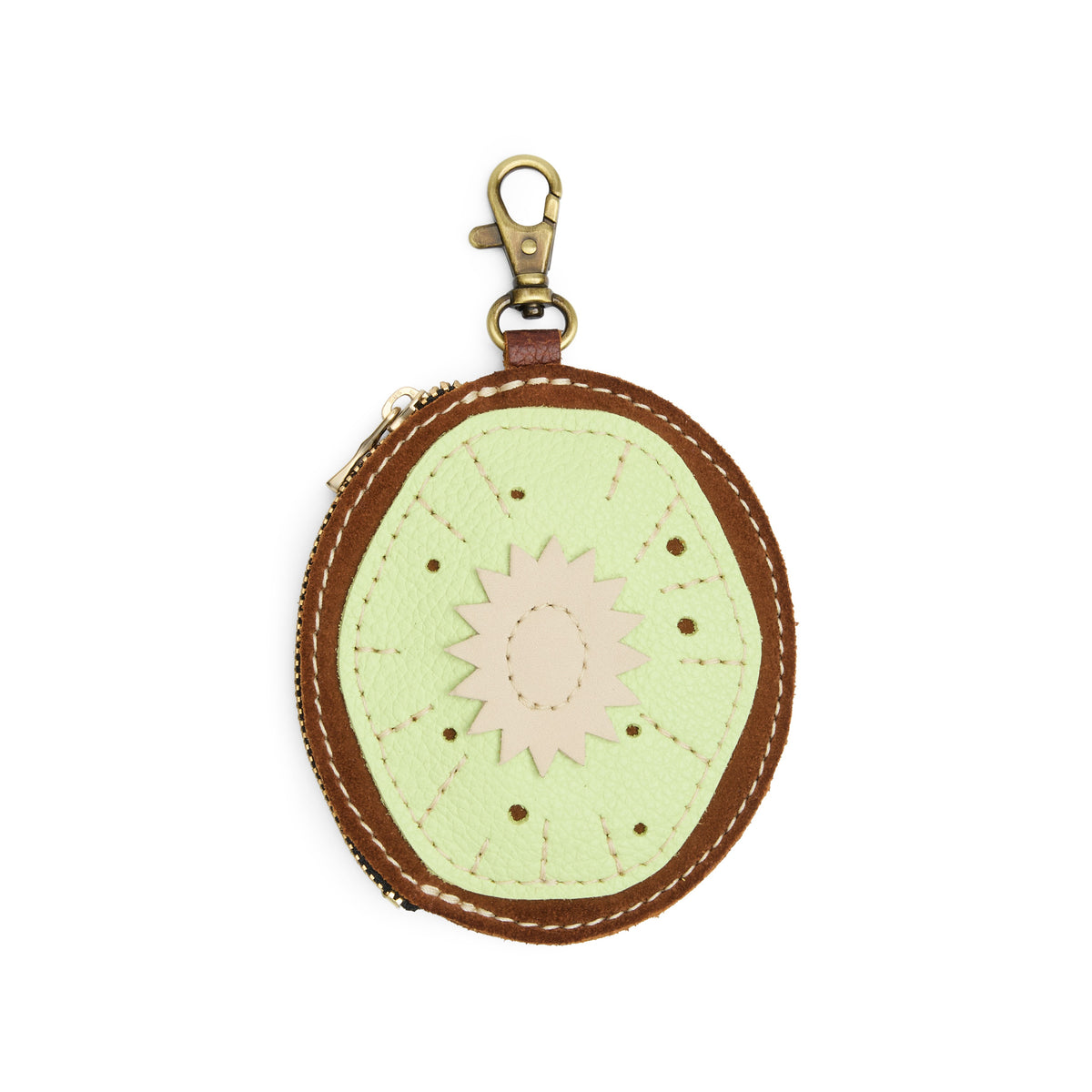 Kiwi | A kiwi-shaped leather pouch keychain with zipper and lobster clasp