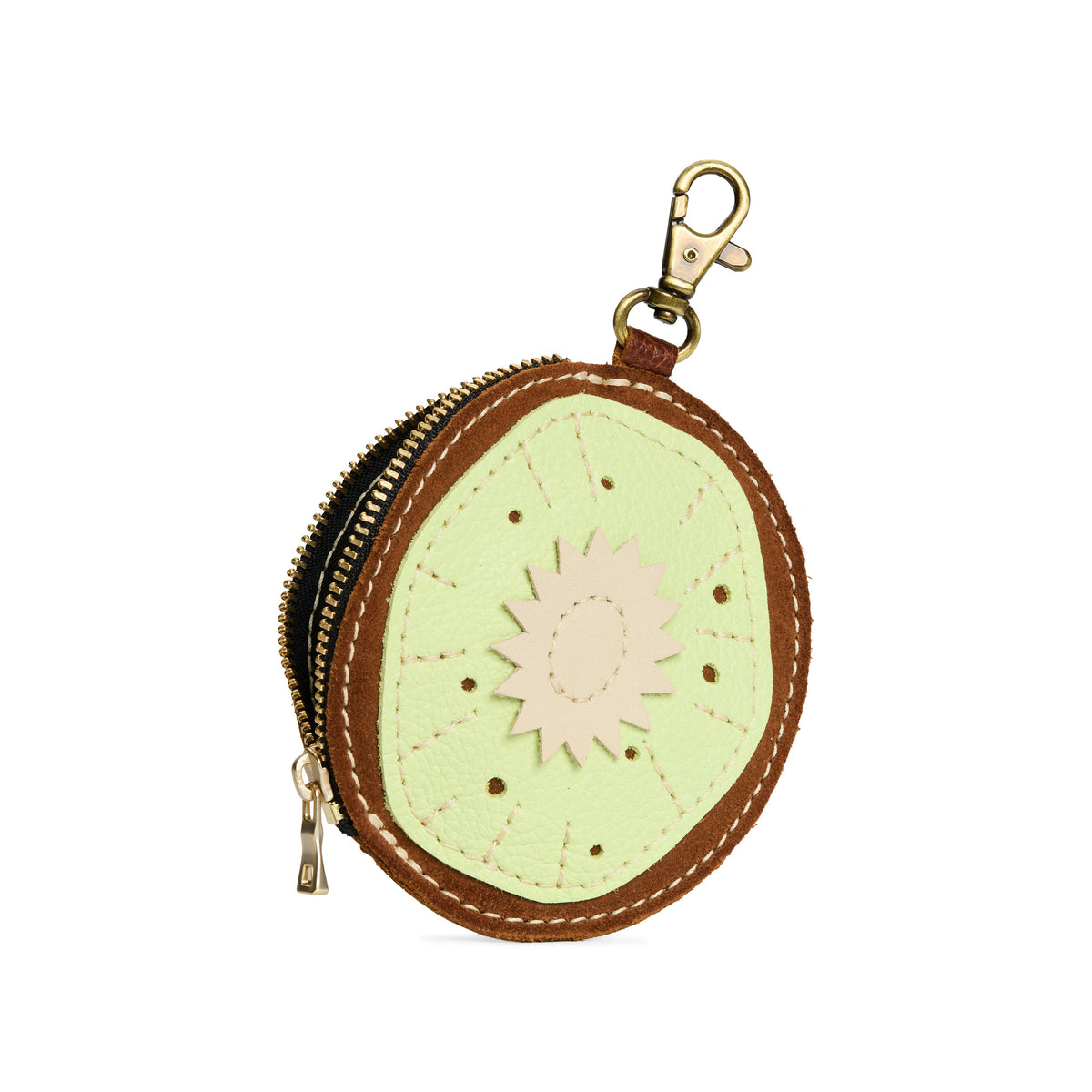 Kiwi | A kiwi-shaped leather pouch keychain with zipper and lobster clasp