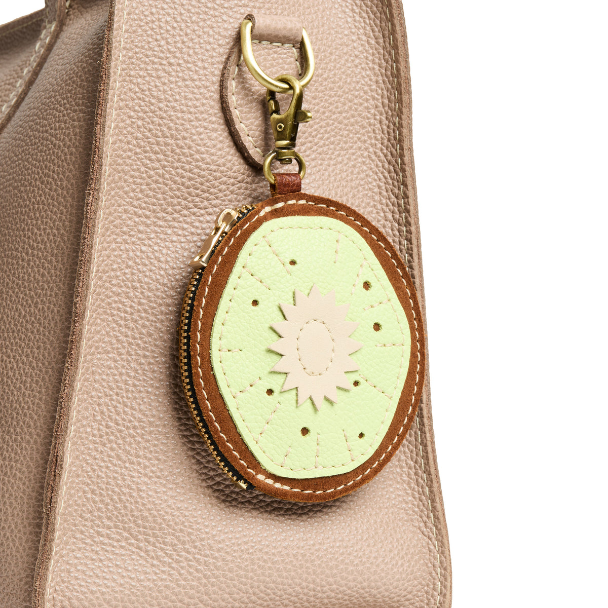 Kiwi | A kiwi-shaped leather pouch keychain with zipper and lobster clasp