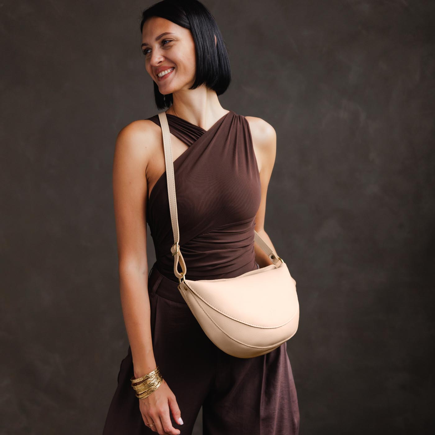 Moonflower*Large | Model wearing half circle shaped sling bag