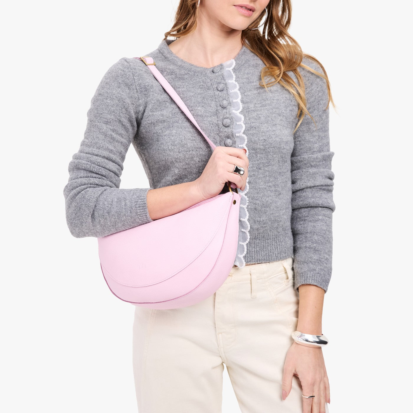 Pinkaboo*Large | Model wearing half circle shaped sling bag