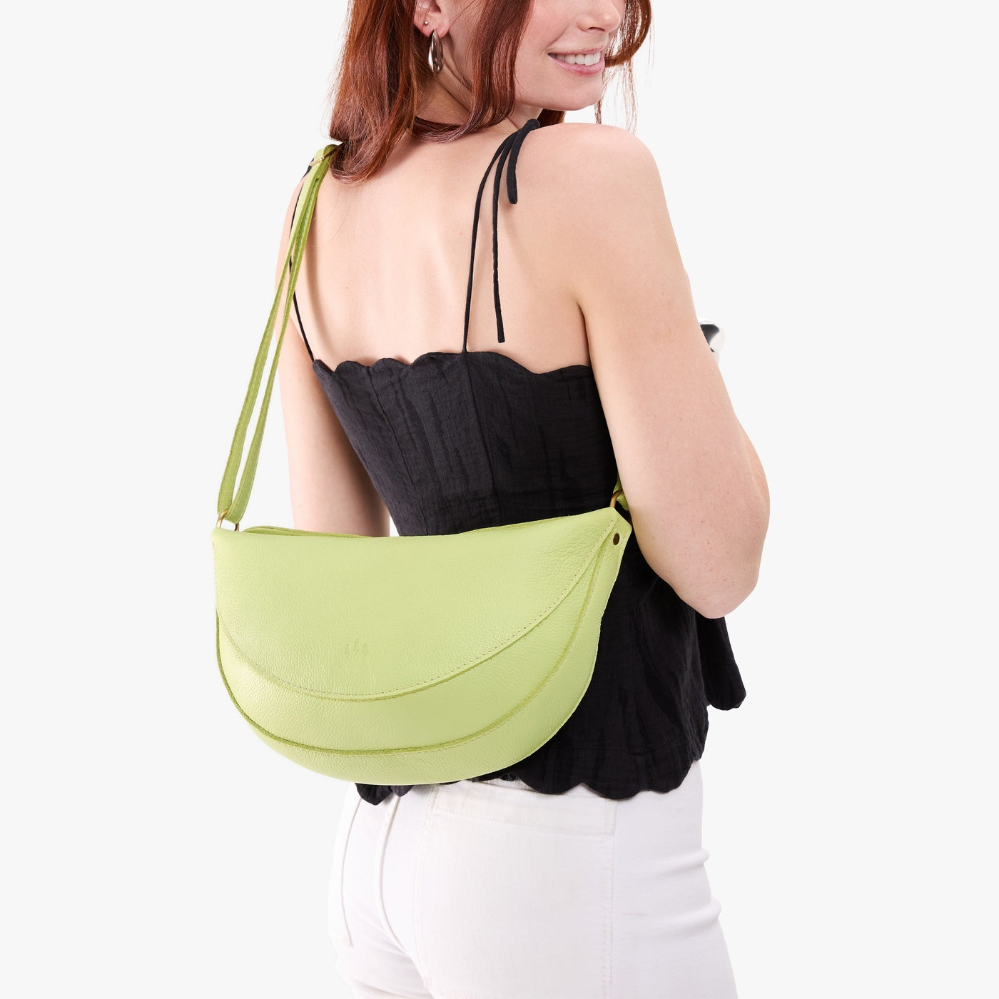 Shadow Lime*Large  Model wearing half circle shaped sling bag