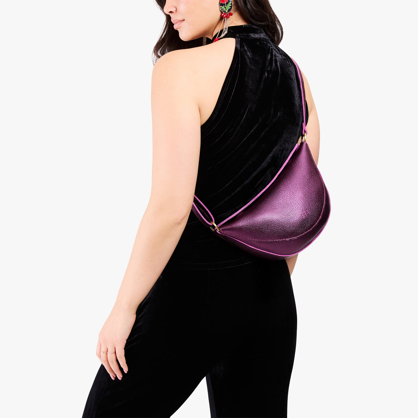 Ultra Violet*Medium | Model wearing half circle shaped sling bag