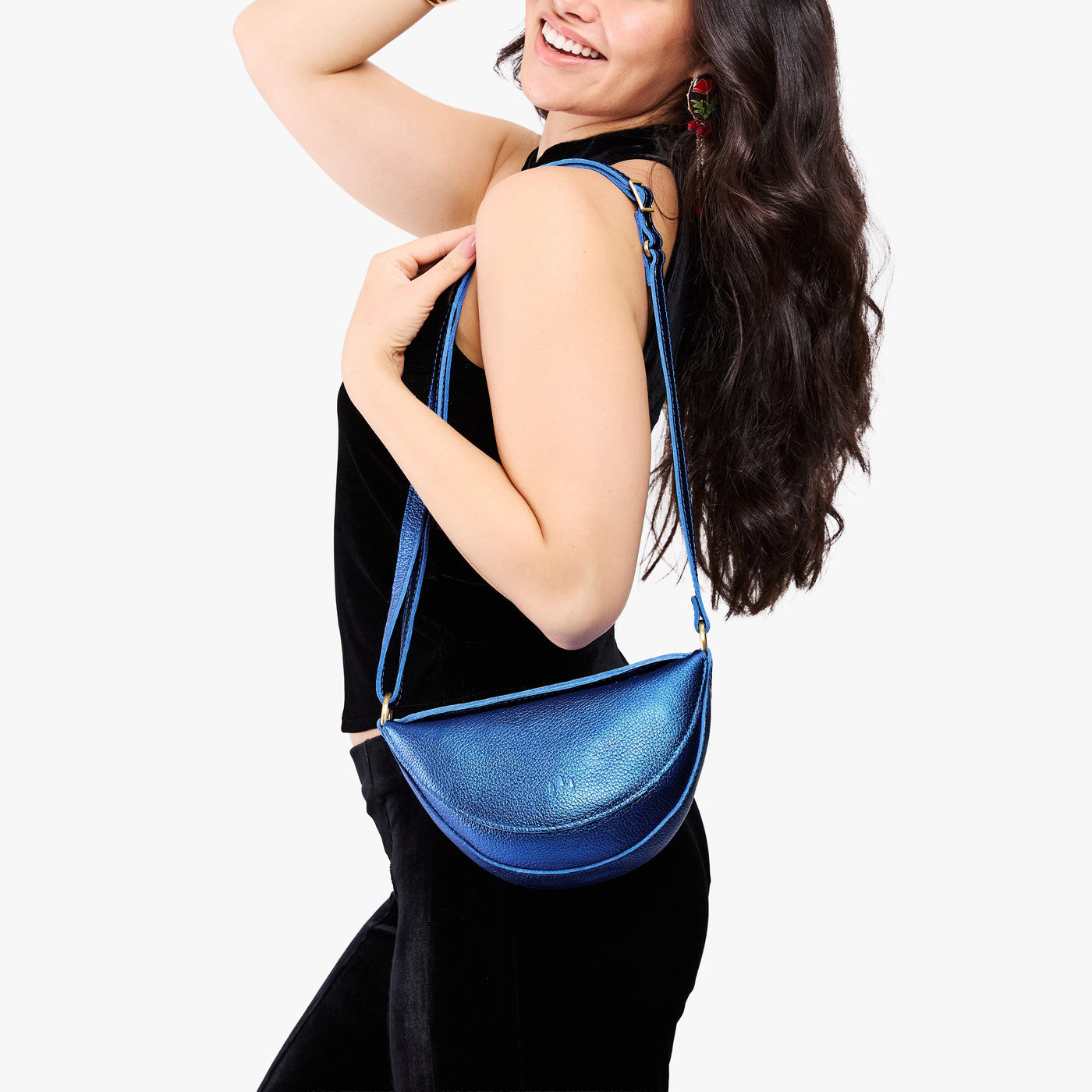 Comet Blue*Small | Model wearing half circle shaped sling bag