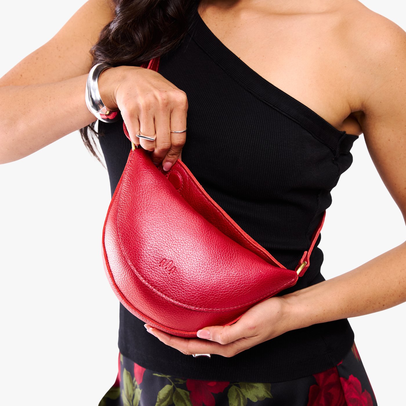 Reba Red*Small | Model wearing half circle shaped sling bag