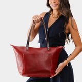Chili Red Zipper | Large leather tote bag with sturdy bridle handles and front pocket