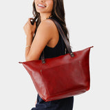 Chili Red Zipper | Large leather tote bag with sturdy bridle handles and front pocket