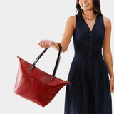 Chili Red Zipper | Large leather tote bag with sturdy bridle handles and front pocket