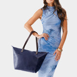 Cobalt Zipper | Large leather tote bag with sturdy bridle handles and front pocket