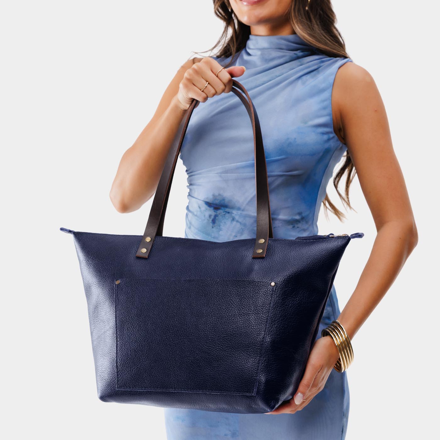 Cobalt*Zipper | Large leather tote bag with sturdy bridle handles and front pocket