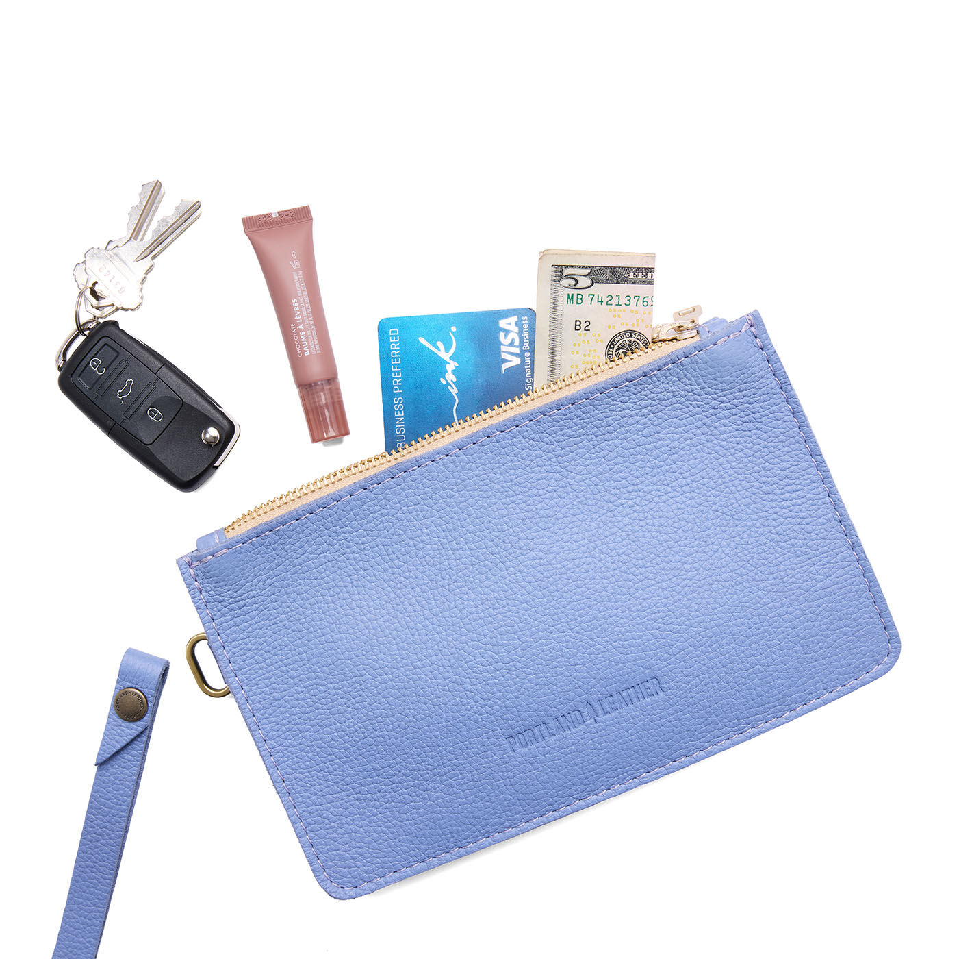 Aster | Leather wristlet with two zippered pockets and removable wrist strap