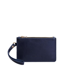 Cobalt | Leather wristlet with two zippered pockets and removable wrist strap
