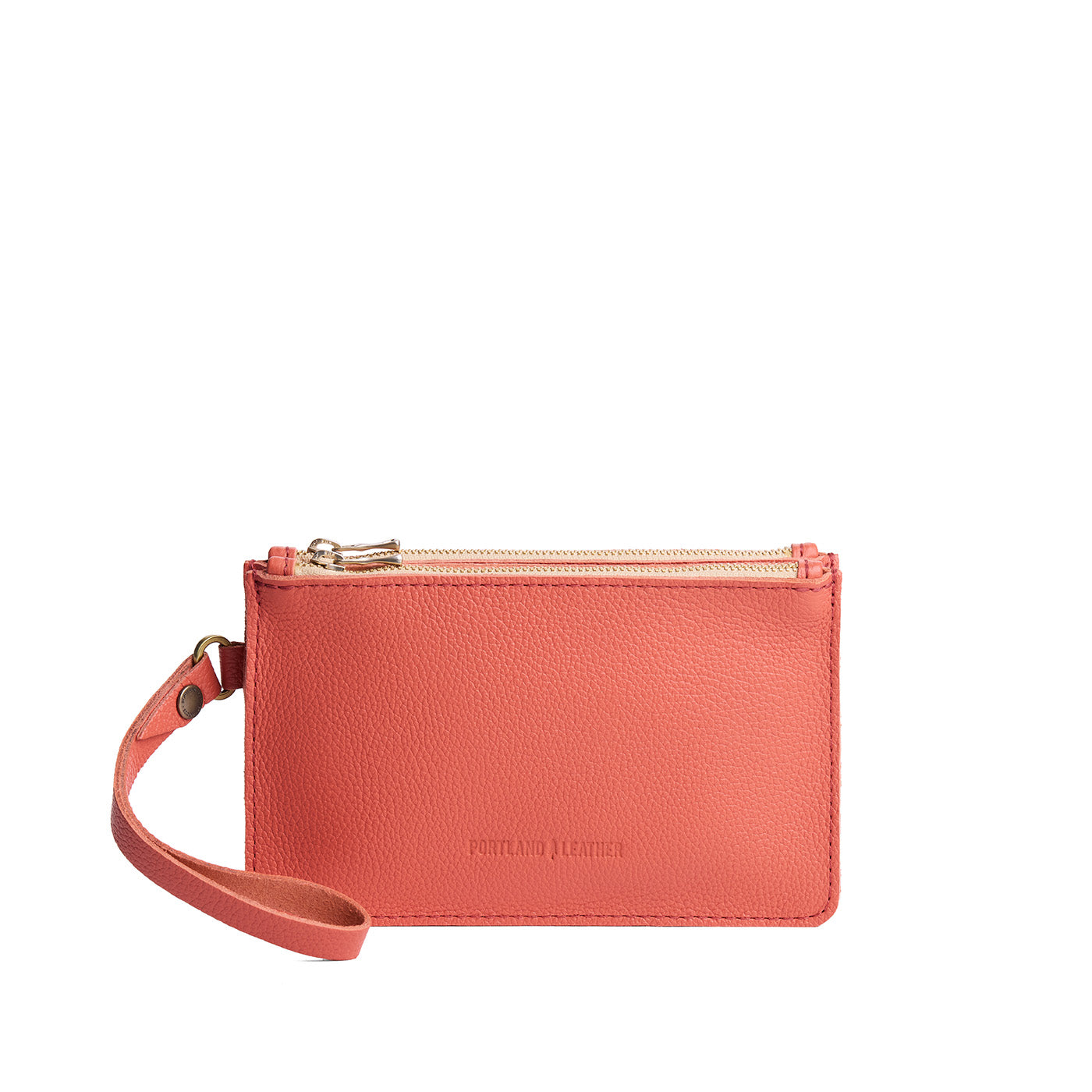 Coral | Leather wristlet with two zippered pockets and removable wrist strap