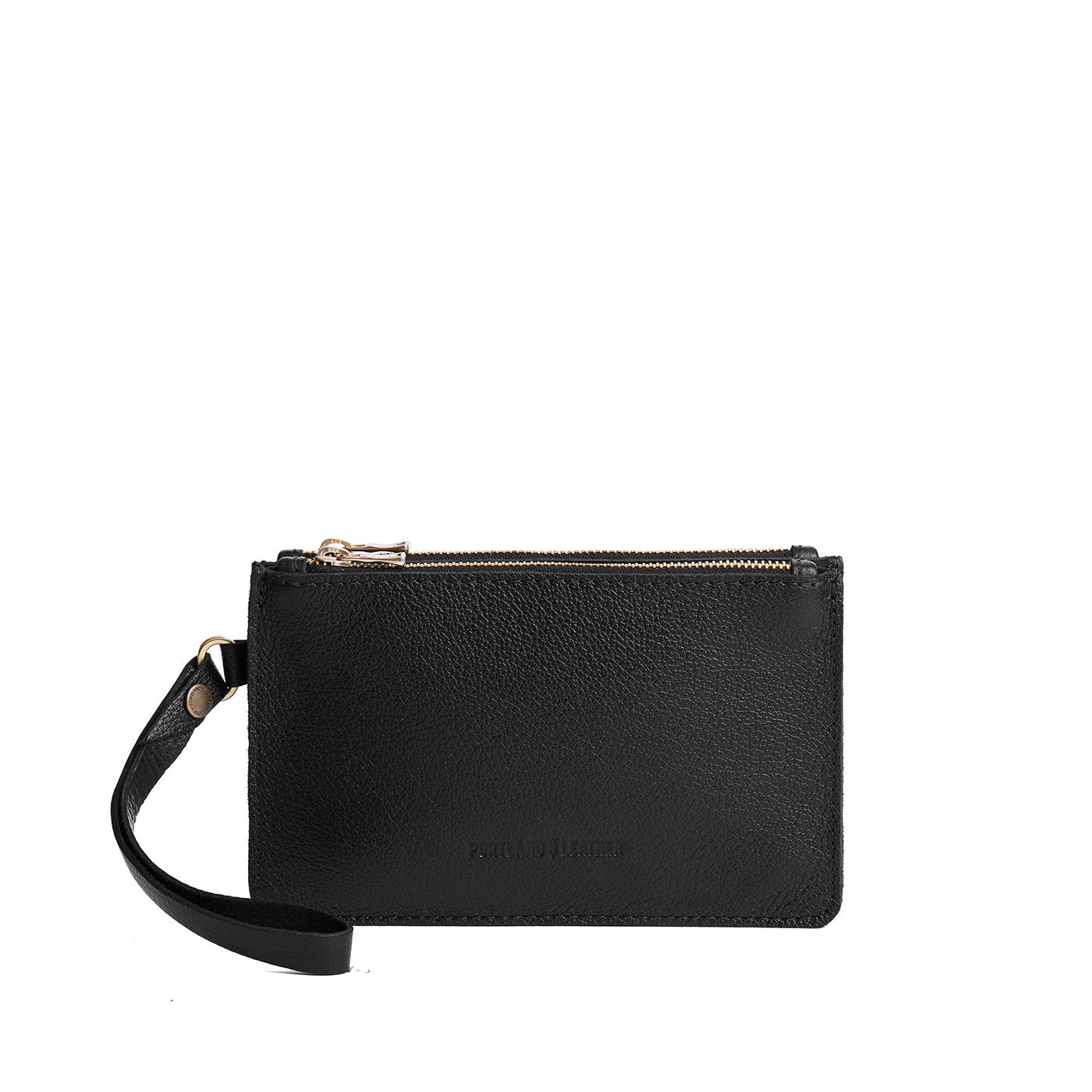Pebbled--black | Leather wristlet with two zippered pockets and removable wrist strap