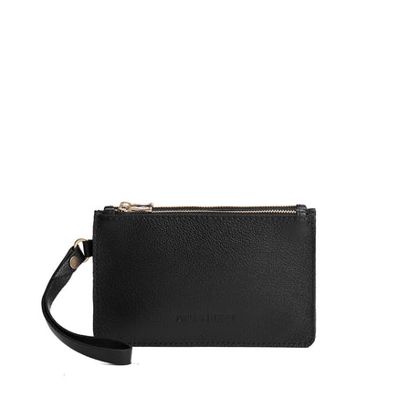 Pebbled--black | Leather wristlet with two zippered pockets and removable wrist strap