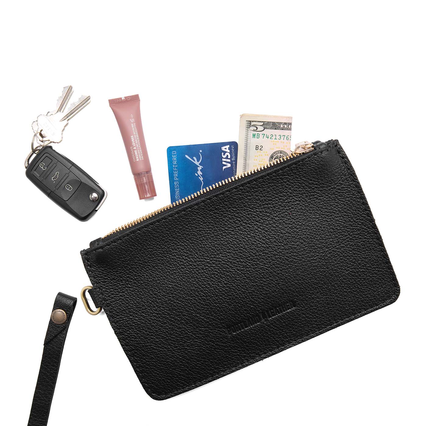 Pebbled--black | Leather wristlet with two zippered pockets and removable wrist strap