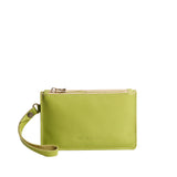 Wasabi | Leather wristlet with two zippered pockets and removable wrist strap